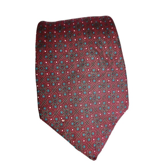 CHRISTIAN DIOR Mens Red Blue Pattern Silk Necktie Tie Yellow Made in USA - Picture 1 of 5